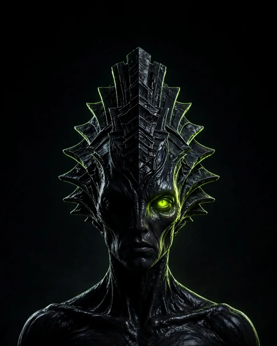 Inside door two: the Operator, crowned alien with one lit eye