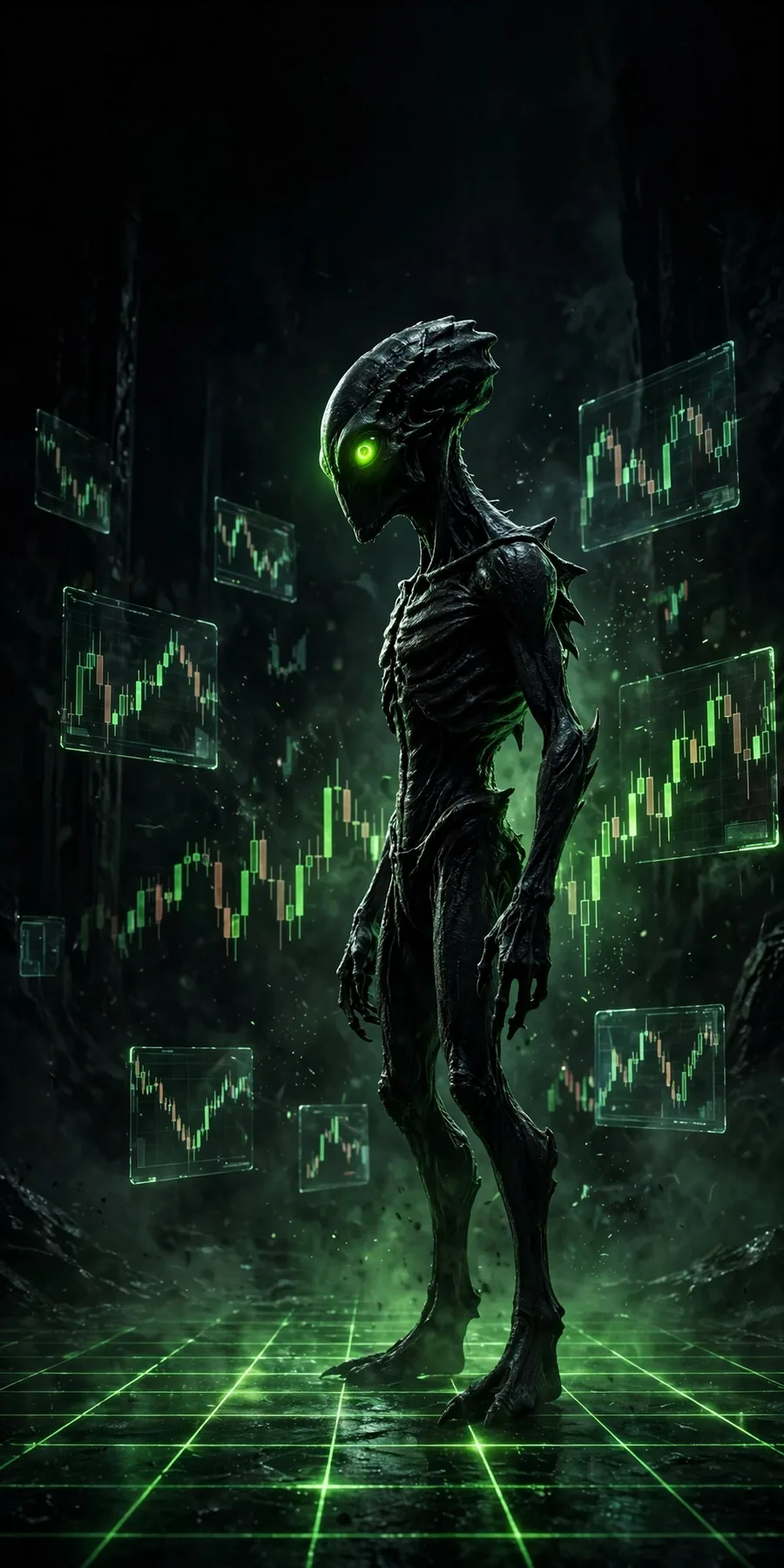 Inside door one: a figure standing on the glowing chart grid