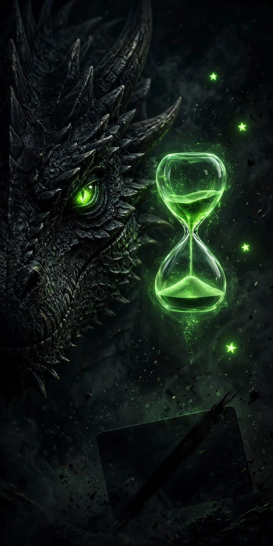 The dragon's eye over a frozen hourglass of green light