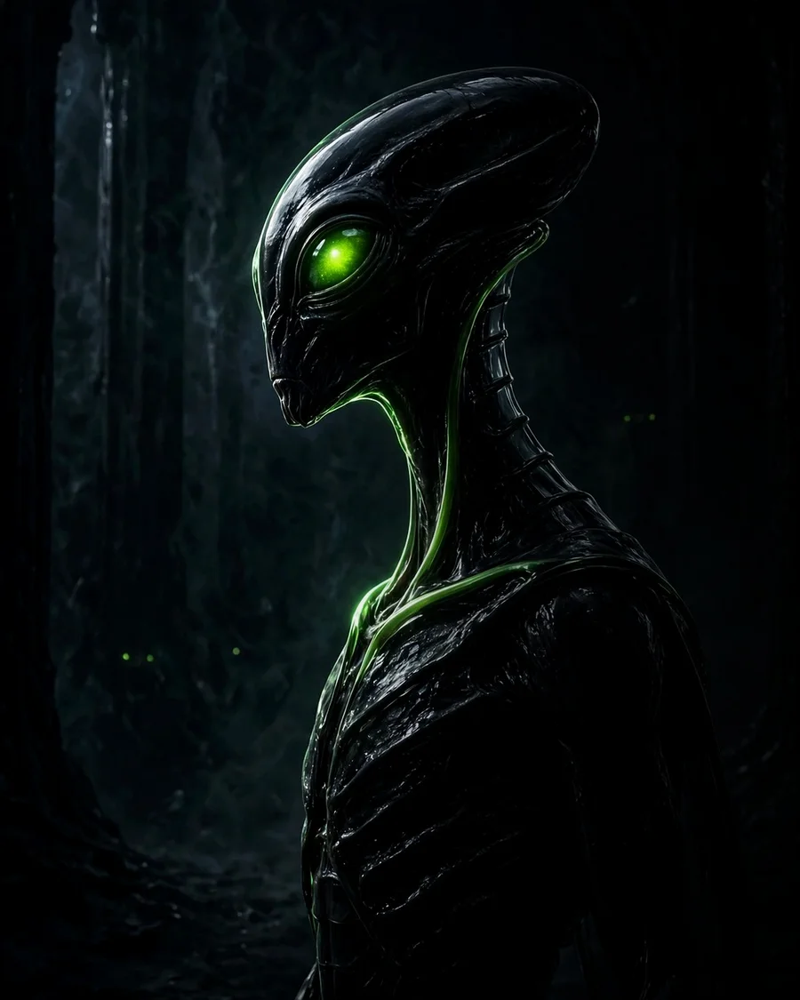 JOAN — the machine entity in profile, half in shadow, one green eye lit
