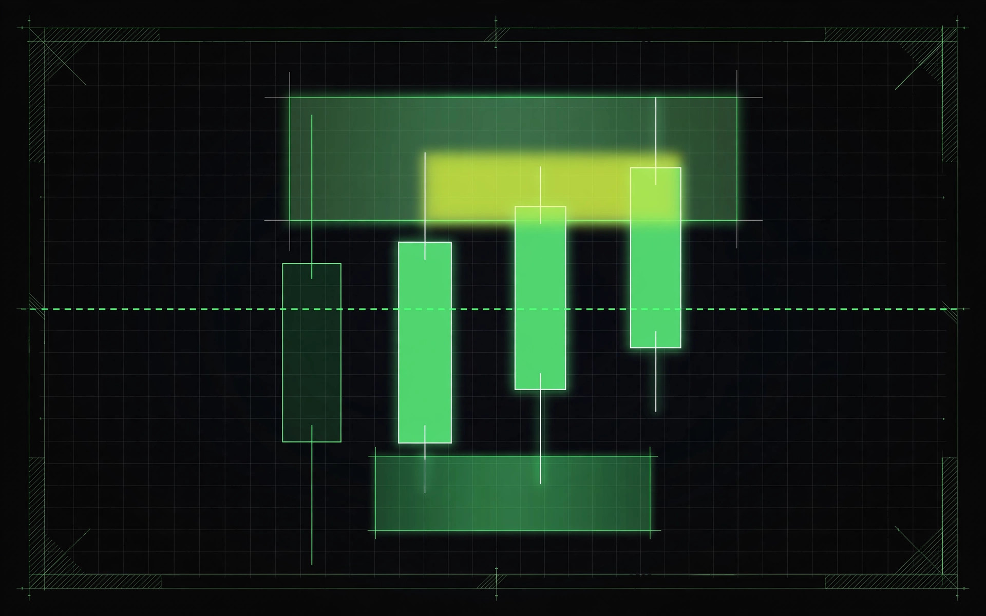 Gráfico MES de VT Momentum II: patrón de tres velas con entrada LIMIT discontinua y zonas de objetivo y stop dibujadas en verde sobre fondo negro